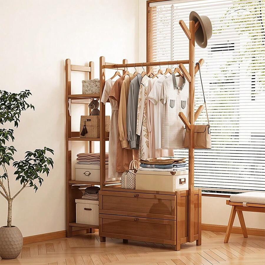 Three Sizes Are Available: Natural Color Or Brown.The Multi-Functional Floor Hanger And Storage Drawer Design Make It Suitable For The Bedroom Entrance Hall Storage Rack In The Living Room - Brown Color - View 1