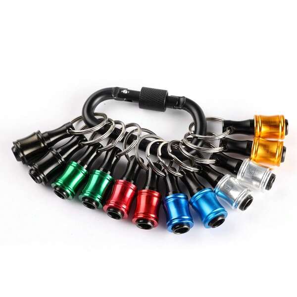 12 piezas Portabrocas portátil con llavero, vástago hexagonal de 1/4 pulgada Clip para broca de destornillador para taladro de impacto, extensión de broca, llave de tuerca con mosquetón negro, adaptador de tornillo de taladro de liberación rápida y ligero