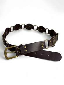 1条波西米亚风拼接牛仔铆钉长腰带，做旧西部图案，复古朋克休闲街头风PU皮腰带，男女通用 - 彩色 - 查看 1