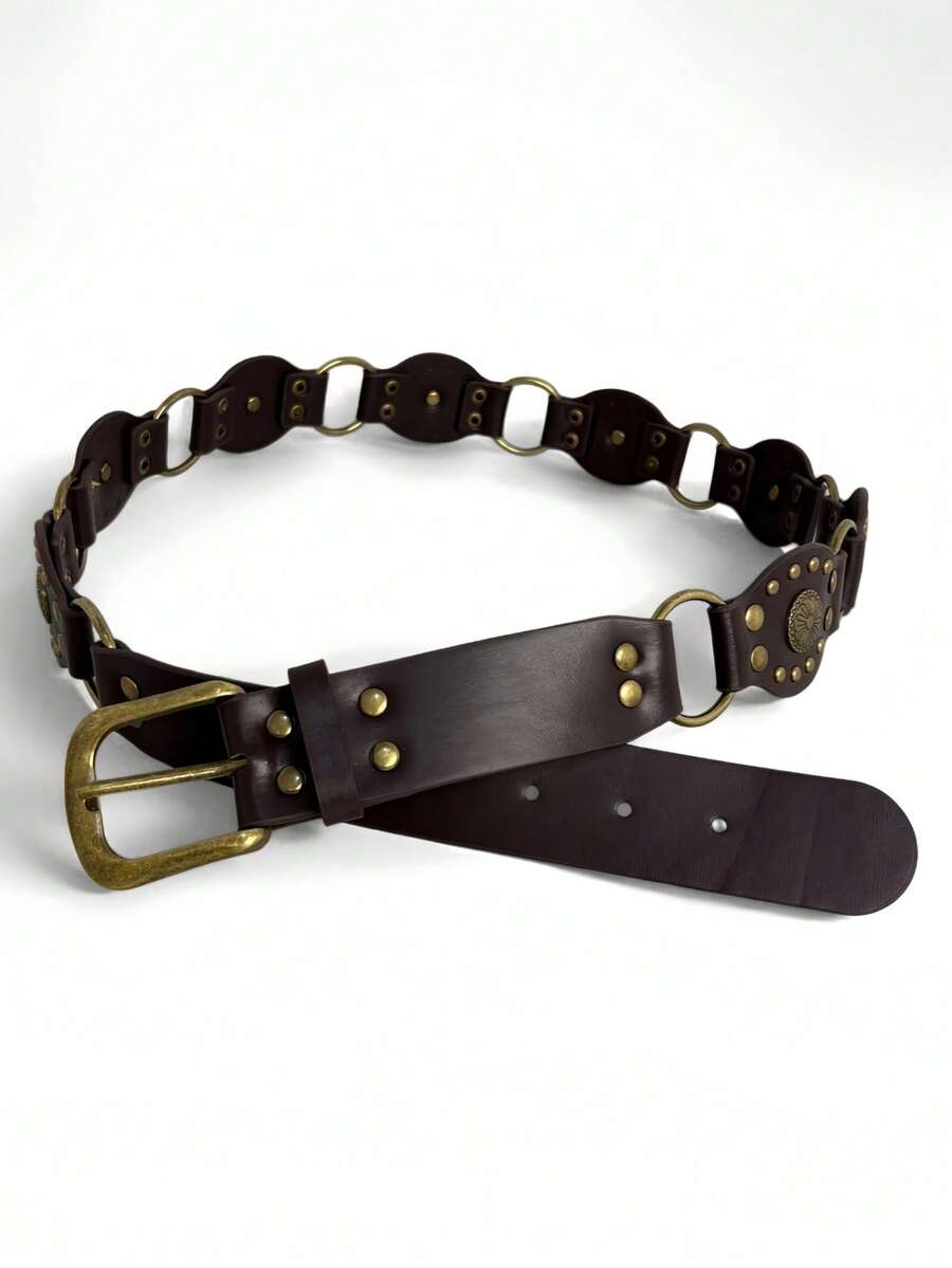 1条波西米亚风拼接牛仔铆钉长腰带，做旧西部图案，复古朋克休闲街头风PU皮腰带，男女通用 - 彩色 - 查看 1