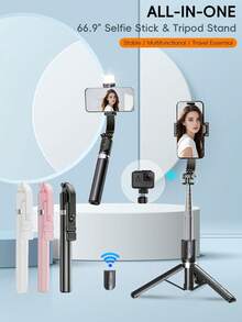 66,9 Zoll ausziehbarer Selfie-Stick Stativ, 3-in-1 tragbares Smartphone Stativ mit 20M Bluetooth Fernbedienung, 360° drehbarer Smartphone Halter für iPhone, Android, geeignet für Reisen, Vlogging, Livestreaming - Verschiedenfarbig - Übersicht 2
