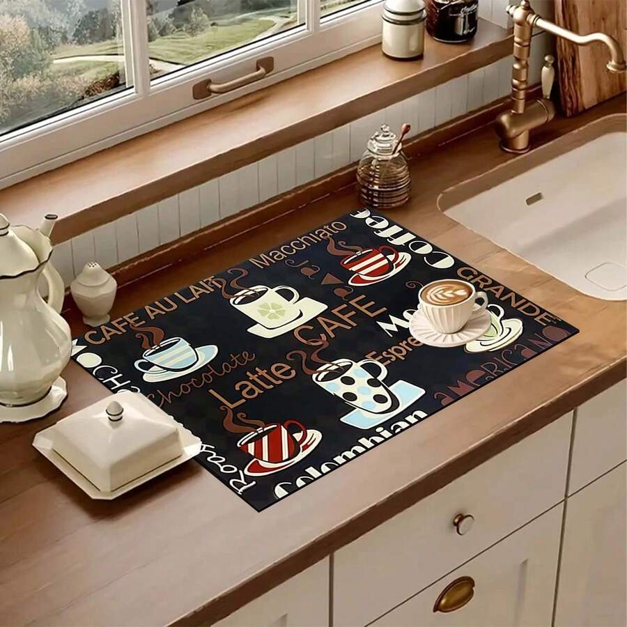 1pc Coffee Pattern Printed Kitchen Cabinet Countertop Bowl Dish Drying Mat, Super Absorbent Hides Stains, Rubber Backed Multi-Purpose Dining & Kitchen Mat, Suitable For Coffee Maker, Bowls, Dishes Drying Rack - HL LSD608 - View 1