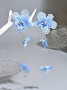 1 Pair Elegant Fabric Flower Long Earrings, Suitable For Daily Wear (Bead Color Random) - Light Blue - E173A - View 4