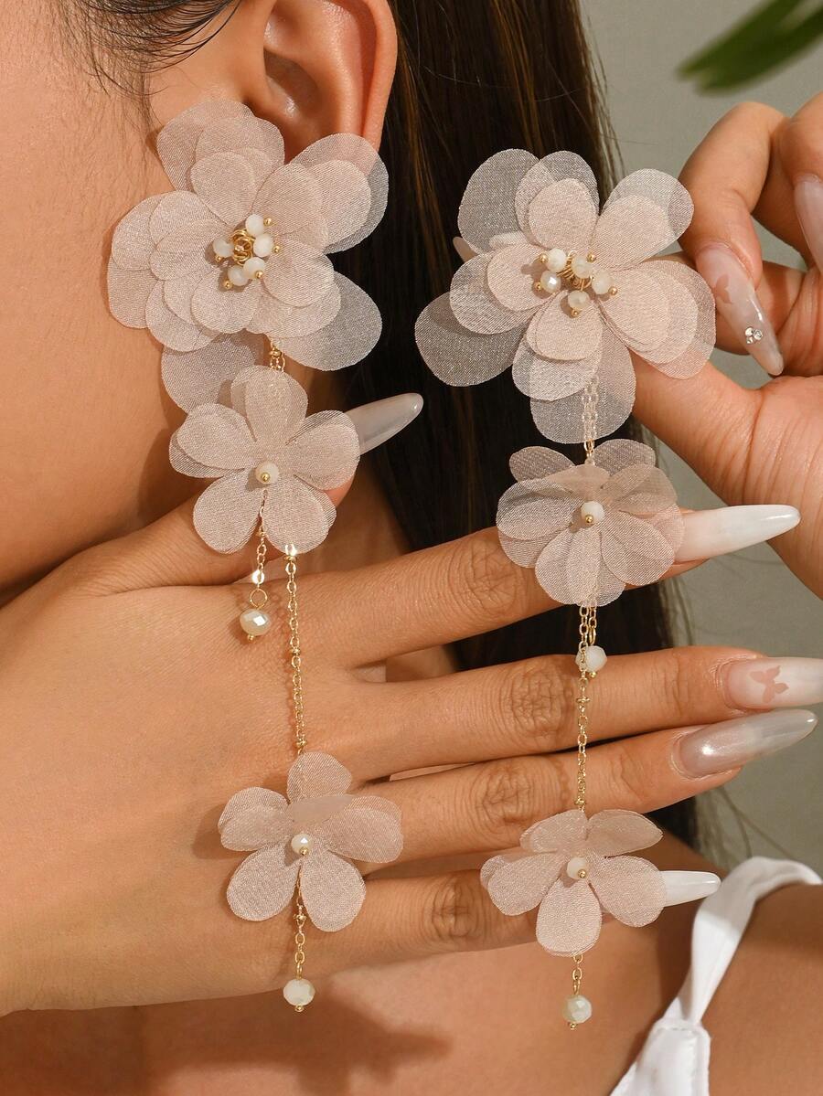 1 Pair Women's Elegant Fabric Flower Long Earrings, Suitable For Daily Wear (Bead Color Random) - Milk Apricot - E173C - View 1