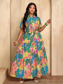 BIUBIU Damen Große Größen Maxi Kleid mit tropischem Blume Muster, Kurzarm, Knopfleiste und Gürtel, modischer und eleganter Sommerstil für den Urlaub - Farbe - Übersicht 6