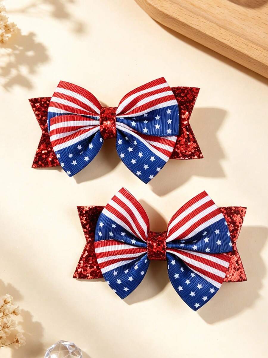 2个独立日风格双层蝴蝶结发夹，绝佳礼品之选 - 彩色 - 查看 1