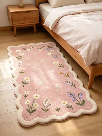 1pc Girly Pink Daisy & Lily Wavy Edge Bedside Rug, Cream Plush Long Carpet Mat For Bedroom, Kids Room Decor, Available In Multiple Sizes, Decorative Carpet, Bedroom Decor, Small Rug, Carpet, Home Decor, Living Room Carpet, Living Room Small Rug, Bedroom Carpet, Living Room Home Decor, Outdoor Rug, Washable Carpet