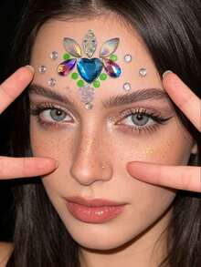1片装暗黑心形全息面部宝石贴纸 - 海军蓝心形水钻 + 全息叶子 + 透明玫瑰，防水持久，打造甜美性感妆容，适合音乐节派对妆容装饰，奢华独特，演唱会妆容，面部宝石 - 彩色 - 查看 5