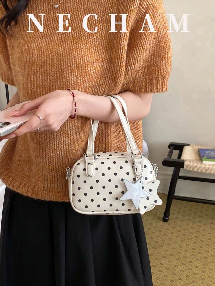 1 st prickig handväska med hänge, koreansk Boston-väska i inredningsstil, högkvalitativ och mångsidig axelväska för dagligt bruk - Vitt - Visa 1