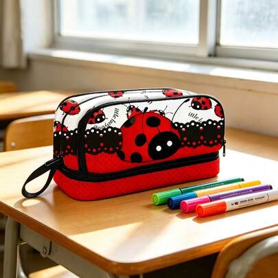 Cute Ladybug Print Double Layer Pencil Case, Large Capacity Stationery Storage Bag With Handle, Portable Pen Pouch For Students School Supplies