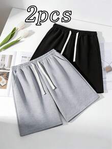 2 Stücke Herren Casual Shorts mit Kordelzug Taille, locker sitzend mit Taschen für praktische Aufbewahrung, aus atmungsaktivem Strickstoff gefertigt, geeignet für Sommer Alltagstragen, Outdoor-Aktivitäten, Fitness und als Valentinstag Geschenk - Verschiedenfarbig - Übersicht 2