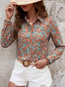 Blusa de mujer elegante de manga larga con estampado artístico, de primavera y otoño, con botones, silueta ajustada, adecuada para vacaciones, citas y uso diario - Óxido marrón - Ver 9