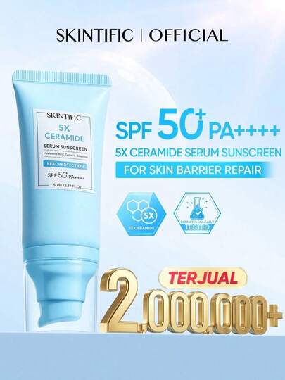 SKINTIFIC 5倍神经酰胺精华防晒霜 SPF50+ PA++++ | 控油不致粉刺，温和不刺激，保护肌肤屏障，保湿二合一护肤防晒霜，兼具晒后修复和提亮效果