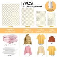 14/17 Pack Vacuum Storage Bags With Electric Pump, With Hand Pump, Vacuum Seal Bags Travel, Compression Vacuum Seal, Space Saver Plastic Packaging Bags For Clothes, Blankets, Pillow, Bedding, Comforters, Travel Essentials Vacuum Machine - 黃卡其格子-17pcs - 查看 2