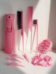 10件/4件/3件美发造型工具套装，200毫升连续喷雾瓶，透明喷雾瓶，经典3件套梳子（直发梳、尖尾梳、双面梳），圆形洗发按摩梳，鸭嘴夹，缎面发圈，夏季造型工具，女士配饰组合（粉色和紫色） - 粉色 - 查看 12