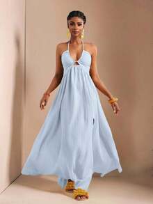 New Spring And Summer Casual Holiday Halter Neck Strapless Bust, Waist And Back A Swing Skirt With High Slit On The Front To The Thigh, Yellow Sea Stripe Women's Extra Long Dress-B Baby Blue Dress,Sun Dresses For Women - Màu xanh lam - Xem 6