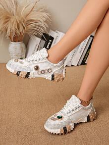 2026 Spring Women's White Rhinestone Sneakers, Breathable Crystal Embellished Casual Platform Shoes, Fashion Versatile Party Wear - Beige - View 9