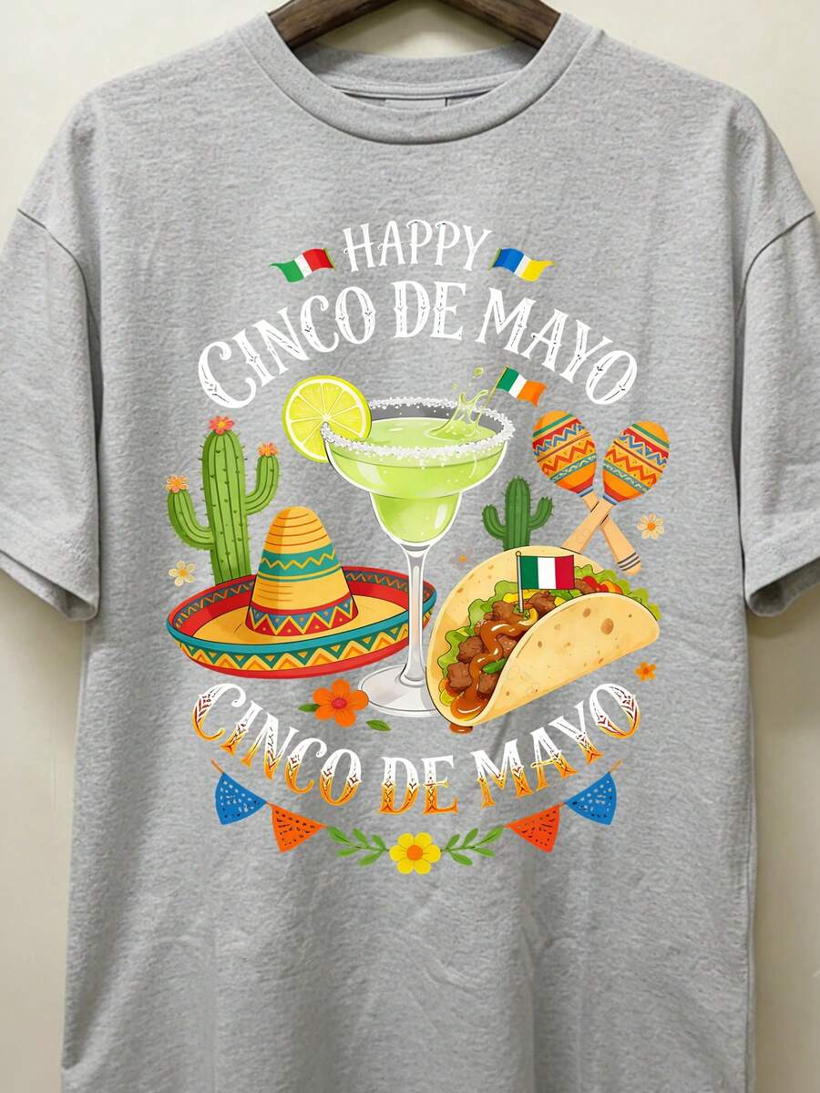 Happy Cinco De Mayo Unisex Cotton T-Shirt Vintage Cartoon Mexican Fiesta Graphic Margarita Taco Cactus Maraca Cinco De Mayo Party Daily Casual Wear Top - Xám - Xem 1