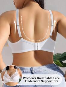 1pc Women Plus Size White Lace Patchwork Underwire Comfortable Bra - White - View 2