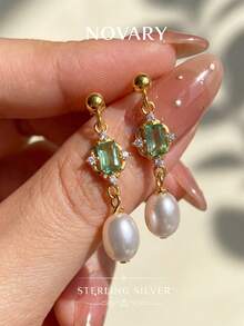 1 par de pendientes de plata de ley 925 con perla de concha y circonita cúbica cuadrada vintage, adecuados para eventos retro, regalo clásico, atemporal - Dorado - Ver 3