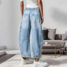 Women's Jeans Section: Women's Horseshoe-Shaped Barrel Jeans, Mid-Waist Wide-Leg Jeans, Loose Fit, Slim Tapered Leg Casual Jeans. - 淺藍色 - 查看 3