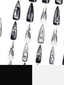 24pcs Retro Silver Teardrop Pattern Black Butterfly Handmade Nail Stickers, Suitable For Travel, Party, Daily Wear, Festivals, Versatile Pointed Nail Art - Black - View 4
