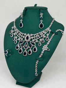 Juego de joyería de 4 piezas con colgante con borla de circonita cúbica con forma de corazón, aretes, pulsera y anillo. Accesorio elegante para fiesta, boda y novia - azul real - Ver 2