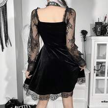 Gothic Off-Shoulder Dress With Lace-Up Eyelet - Black - View 6