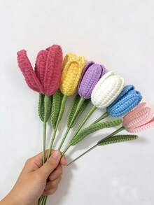 Handmade Crochet Tulip Bouquet, Mixed Color Knitted Artificial Flowers, Spring Hand-Woven Flowers, Realistic Yarn Flowers, Wedding Decoration Flowers, Perfect For Valentine's Day, Mother's Day, Wedding And Graduation Gifts, Tabletop Decor, Home Kitchen Living Room Beautification Decoration, Artificial Flower Decor, Blue And Pink Flowers - Multicolor - View 14