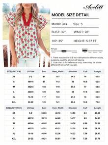 Acelitt Summer Red Floral Patchwork Striped Print V-Neck Loose Ruffle Sleeve Casual T-Shirt Vacation - Red - View 3
