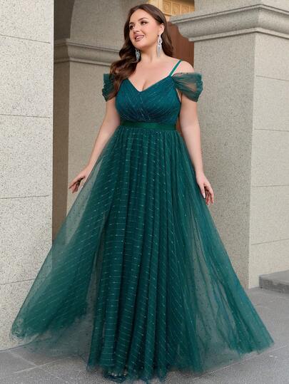 女士大码优雅纯色派对网纱褶皱亮片正式A字晚礼服，适合伴娘、首席伴娘、新娘母亲等场合，也适合各种活动、婚礼、舞会、毕业典礼、鸡尾酒会等，春夏秋季皆宜。