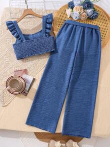Left Mama Bộ 2 món cho bé gái, áo croptop tay bồng đơn giản, quần ống đứng, thích hợp cho mùa hè. - Màu xanh lam - Xem 2