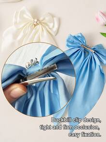 5pcs Set Solid Color Oversized Ribbon Bow Hair Clips, Elegant Pearl Rhinestone Hair Accessories, Satin Duckbill Clips For Ponytail, Suitable For Teenage Girls, Students, Daily, Party, Back To School - Blue - View 5
