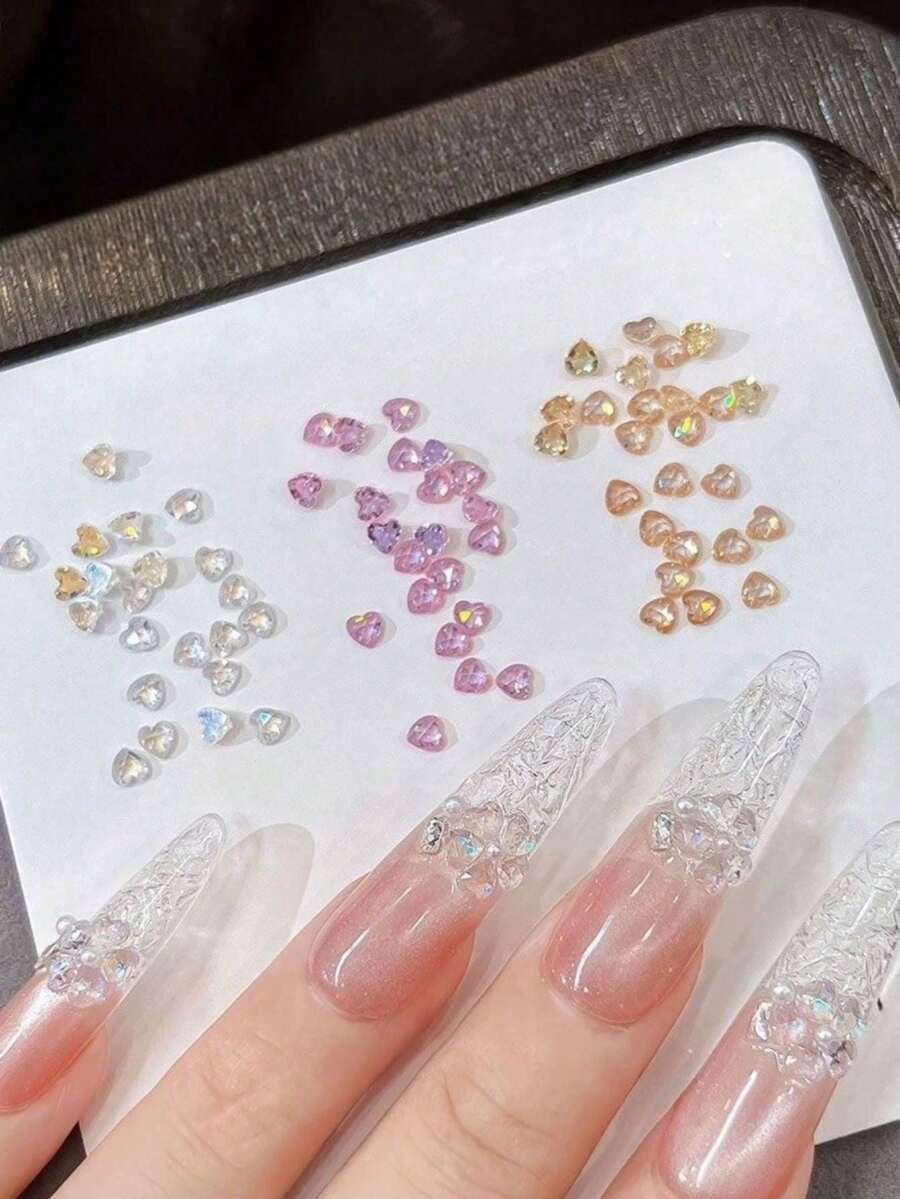 5件裝透明彩色鋯石心形美甲裝飾,超亮迷你平底美甲水鑽飾品 - 彩色 - 查看 1