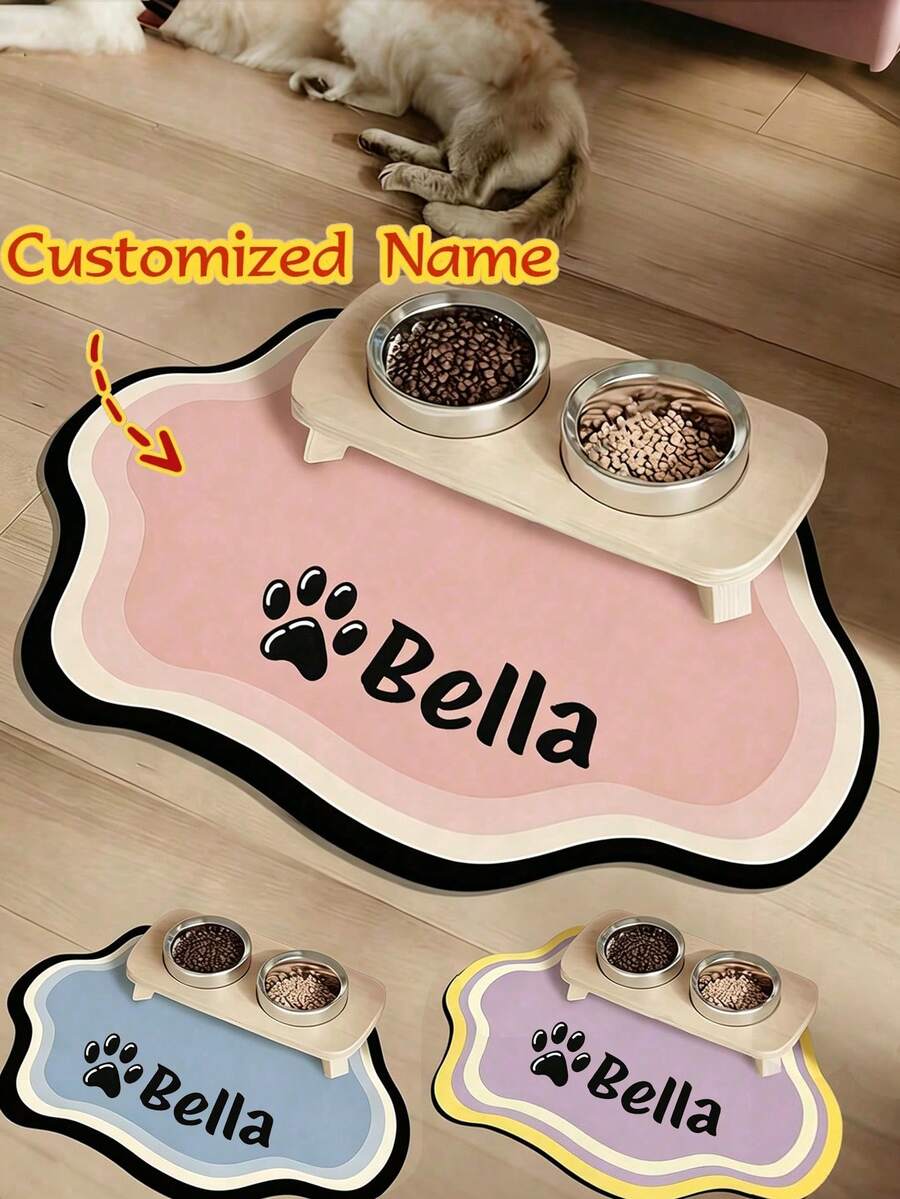 Customizable Quick-Dry Pet Food Bowl Mat, Personalized Name, Waterproof Non-Slip Cat Bowl Mat, Splash-Proof Absorbent Easy-To-Clean, Paw Print Pattern, For Cats And Dogs, Washable, Perfect Gift For Pet Owners, Aesthetic Pet Decor