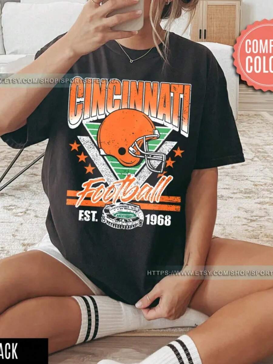 Cincinnati Football Vintage Style T-Shirt, Cincinnati Football T-Shirt, Bengal Football T-Shirt, Cincinnati Fan Gifts FVB21 (2) - màu đen - Xem 1