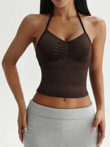 Áo thể thao nữ Aoqta Sports mùa hè, màu trơn, không tay, kiểu dáng racerback, có đệm ngực, thiết kế tối giản, cơ bản, đa năng, phù hợp cho yoga, chạy bộ, tập luyện và mặc hàng ngày. - màu nâu - Xem 5