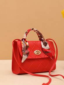 Tas Tangan Wanita Motif Jacquard Kotak-kotak Kasual Gaya Jalanan, Tas Persegi Kecil dengan Dekorasi Syal - Merah - View 3