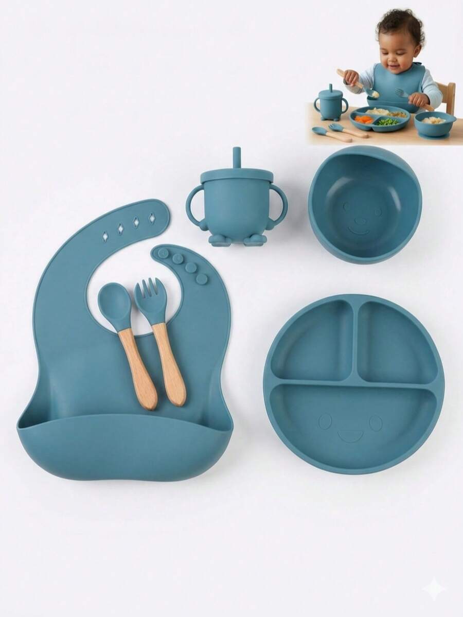 Set 6pcs Babero Plato Tazon Tenedor Cuchara Taza Entrenador Silicona Antideslizante Diseño Ergonómico Libre de BPA Vajilla Utensilios para Bebé Fácil de Limpiar - Azul Marino - Ver 1