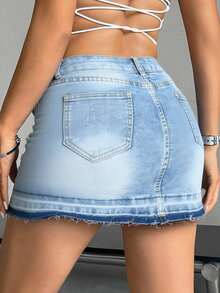 Short Denim Skirt, Distressed Wash Effect, Elastic, With Butt Lift - 淺藍 - 查看 3