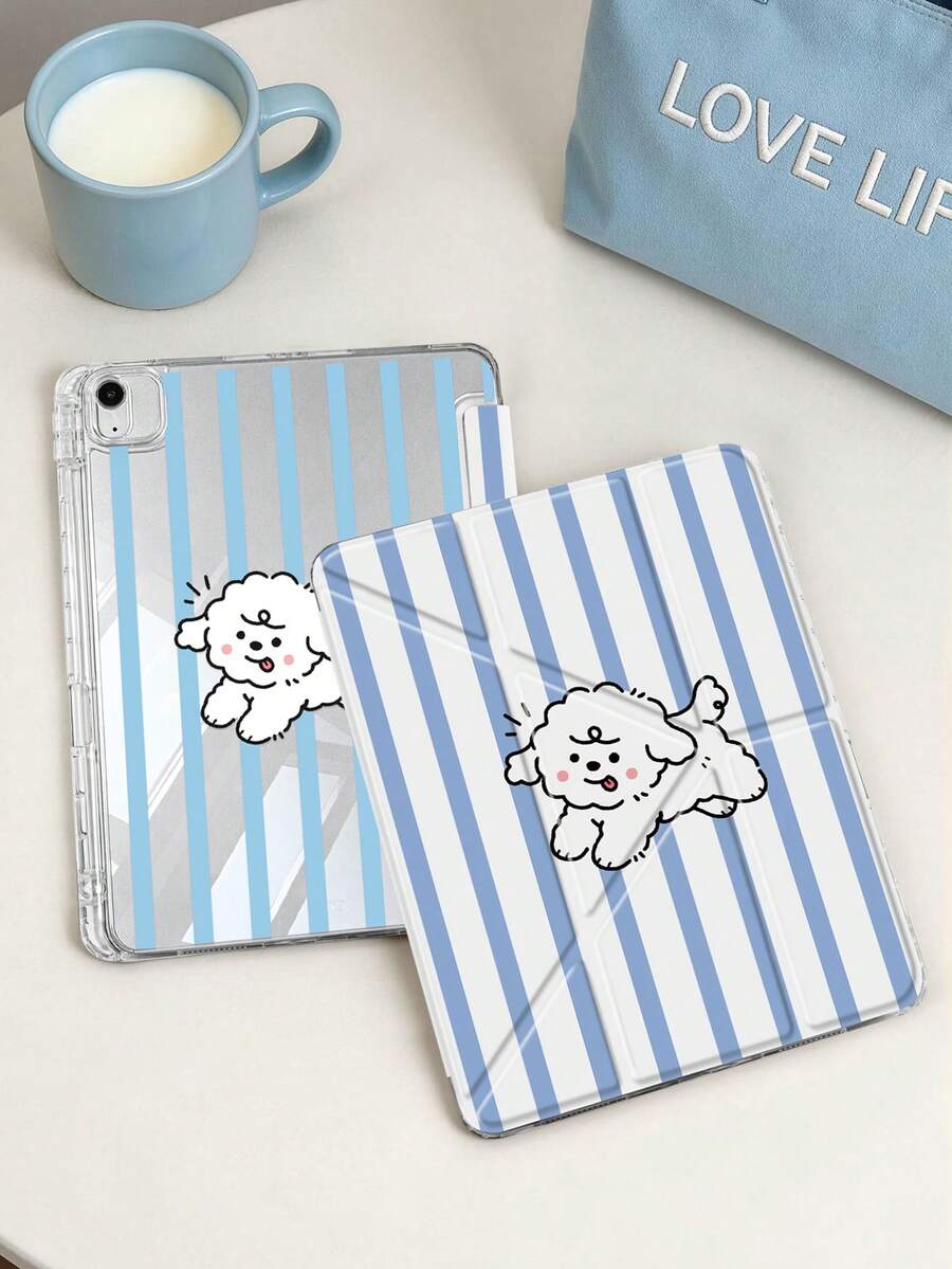 1个透明亚克力保护壳，蓝白条纹大狗图案，兼容iPad 10代/11代/10.2/10.5/Air4/Air5/10.9/Pro 11/Air 11英寸(M2)-2024/Pro 11英寸(M4)-2024/Air 11英寸(M3) 2025/(A16) 11英寸第11代2025/Mini 6/Mini 7/Air1/Air2/9.7/Air 8(M4)2026(11英寸)，内置笔槽，高透明度亚克力后盖，8折可调节支架，磁吸式/自动休眠/唤醒功能，趣味/创意/个性化平板电脑翻盖保护套，不含笔，部分型号带有镜头框 - 彩色 - 查看 1