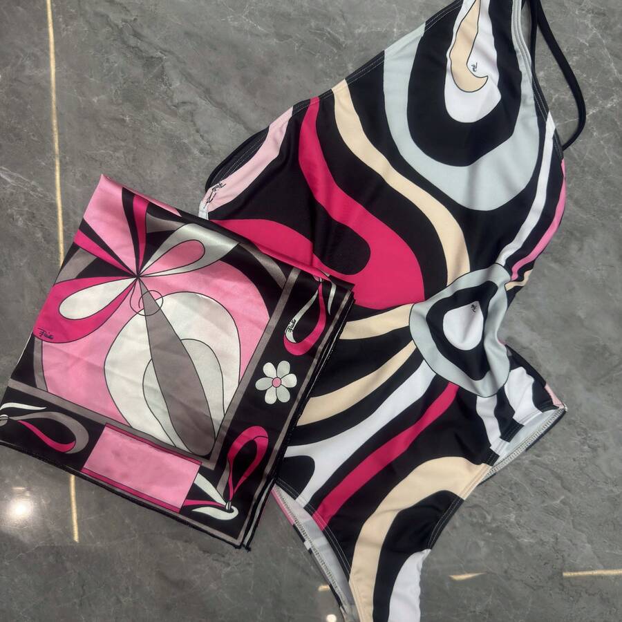 Women's Bandeau Backless Bikini Set With Asymmetrical Tie-Back And Abstract Print, Chic Swimwear For Summer Beach Days - Red - View 1