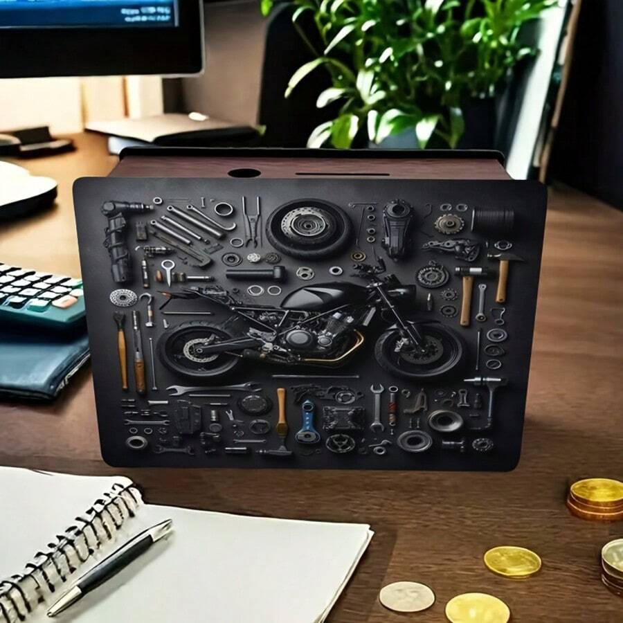 1 Alcancía de madera hecha a mano con diseño de motocicleta, diseño de nido de luz de vela cómodo, caja de almacenamiento de dinero marrón oscuro reutilizable, adecuada para decoración del hogar y la oficina - Multicolor - Ver 1