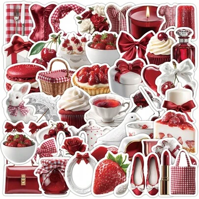 50pcs Retro Aesthetic Red Stickers, Cute Cartoon Stickers, Y2K Style Stickers, Helmet Stickers, Motorcycle Stickers, Waterproof And Durable Stickers For Water Bottles, Laptops, Phones, Luggage, Notebooks, Fridges