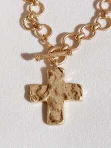 Hammered Bold Cross Necklace Thick Chain Set For Women Men Chunky Golden Silvery Statement Pendant Necklace Vintage Chain Pendant Jewelry - 金色 - 查看 4
