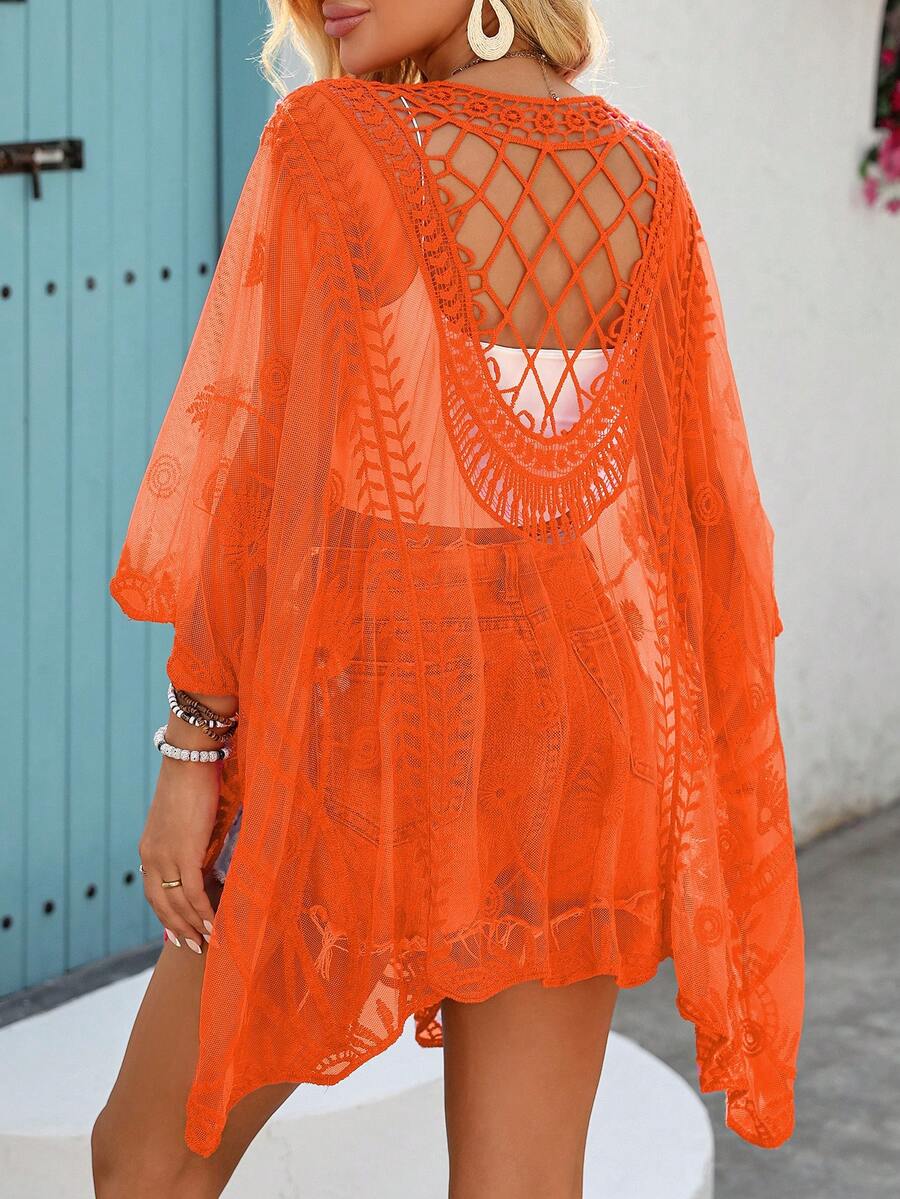 1pc Patchwork Diamond Striped Bohemian Casual Sexy Elegant Knit Fabric Beach Kimono Cover Up, Suitable For Beach, Vacation, Country Music Festival, Daily Wear, Spring/Summer - Orange - View 1