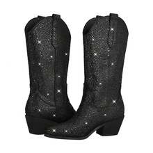 Women's Rhinestone Cowboy Boots, Mid-Calf Western Boots, Sparkling Women's Cowboy Boots, 2-Inch Heel, Slip-On Mid-Calf Boots, Stylish Riding Boots - 黑色亮片 - 查看 2