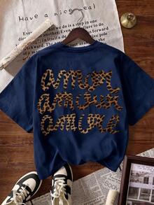 Women's Casual Short Sleeve Crew Neck T-Shirt With Leopard Print "More Love", Autumn, Back To School, Summer Clothing - 海軍藍 - 查看 2
