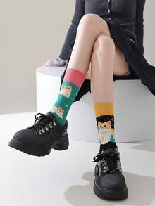 1 Pair Unisex Assorted Color Asymmetric Design Novelty Cartoon Crew Socks - Multicolor - View 9