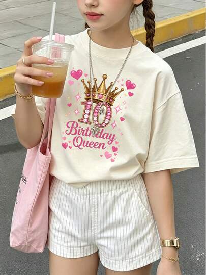 Girls 10th Birthday Queen Graphic Tee, Summer Casual Crew Neck Short Sleeve T-Shirt, Sweet Birthday Party Tops For Tween Girl